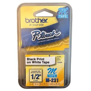 Brother P-Touch M-231 Label Tape | 1/2 Inch‎ 12mm Black on White M Tape | New